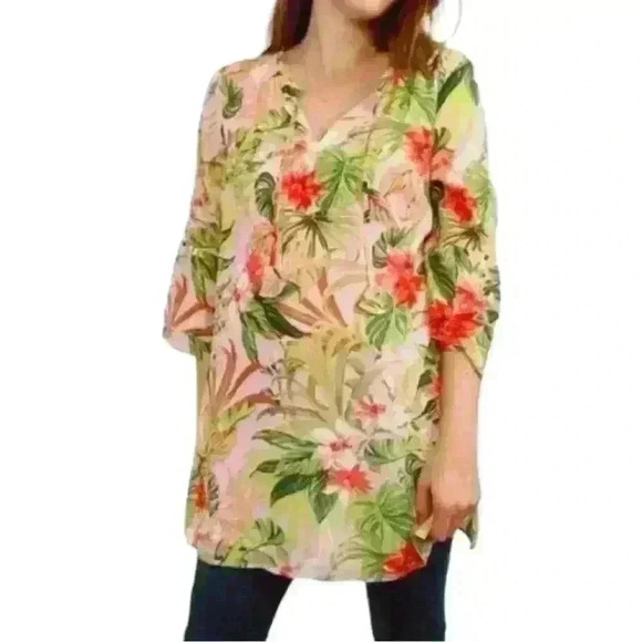 J. Jill Seashell Paradise Tunic Blouse Floral Tropical Pink Womens Small Petite - Picture 1 of 10